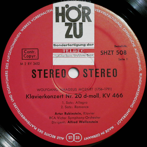 Cover zu Arthur Rubinstein, Wolfgang Amadeus Mozart / Joseph Haydn - Klavierkonzert Nr. 20 D-moll / Andante Con Variazioni F-moll | 1968 | Vinyl | Classical | Germany Schallplatten Ankauf