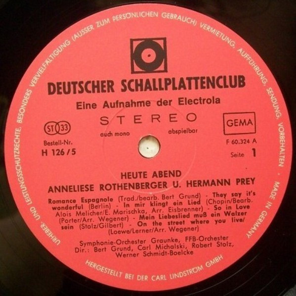 Cover zu Anneliese Rothenberger / Hermann Prey - Heute Abend | 1970 | Vinyl | Pop, Classical | Germany