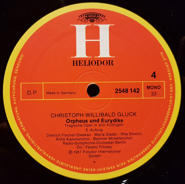 Cover zu Christoph Willibald Gluck - Dietrich Fischer-Dieskau, Maria Stader, Rita Streich, Radio-Symphonie-Orchester Berlin, Ferenc Fricsay - Orpheus Und Eurydike | Vinyl | Classical | Germany