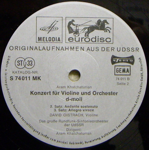 Cover zu Aram Khatchaturian, David Oistrach, Большой Симфонический Оркестр Всесоюзного Радио - Konzert Für Violine Und Orchester D-Moll | Vinyl | Classical | Germany Schallplatten Ankauf