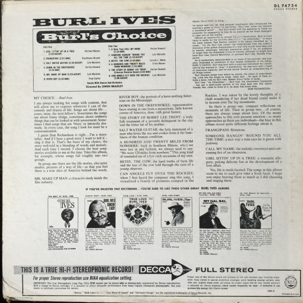 Cover zu Burl Ives - Burl's Choice | 1966 | Vinyl | Folk, World, & Country | US