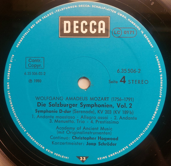 Cover zu Wolfgang Amadeus Mozart - The Academy Of Ancient Music • Christopher Hogwood • Jaap Schröder - Die Salzburger Symphonien • Vol. 2 | 1980 | Vinyl | Classical | Germany