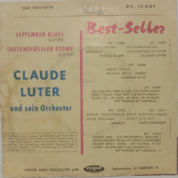 Cover zu Claude Luter Et Son Orchestre - September Blues / Tausendfüßler Stomp | 1962 | Vinyl | Jazz | Germany Schallplatten Ankauf