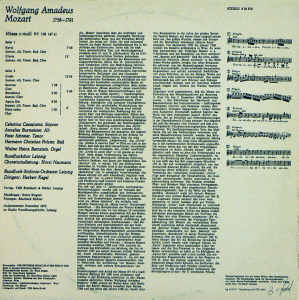 Cover zu Wolfgang Amadeus Mozart – Rundfunk-Sinfonie-Orchester Leipzig, Herbert Kegel - Missa C-Moll, KV 139 | 1975 | Vinyl | Classical | German Democratic Republic (GDR) Schallplatten Ankauf