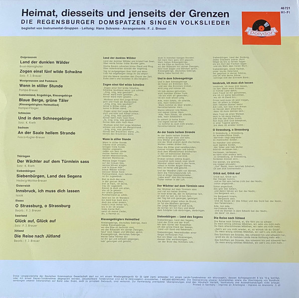 Cover zu Regensburger Domspatzen - Heimat, Diesseits Und Jenseits Der Grenzen | 1963 | Vinyl | Folk, World, & Country | Germany