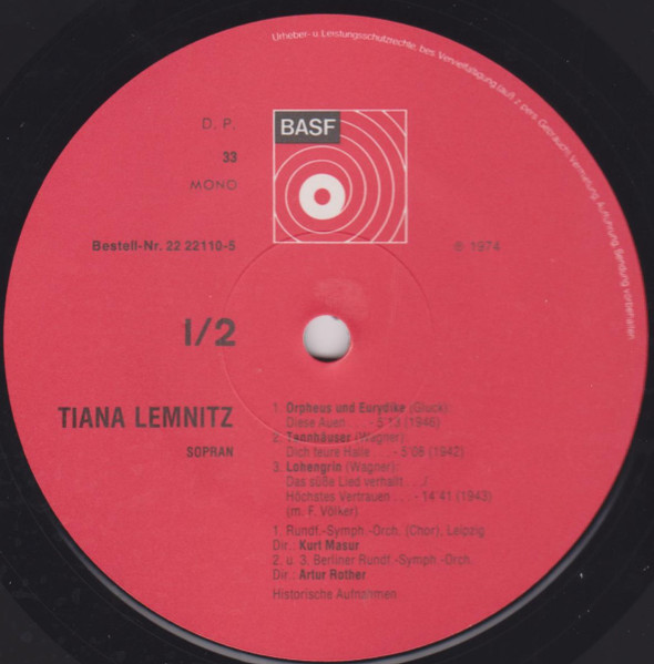 Cover zu Tiana Lemnitz - Historische Aufnahmen Aus Den Jahren 1942 - 1946 | 1974 | Vinyl | Classical | Germany