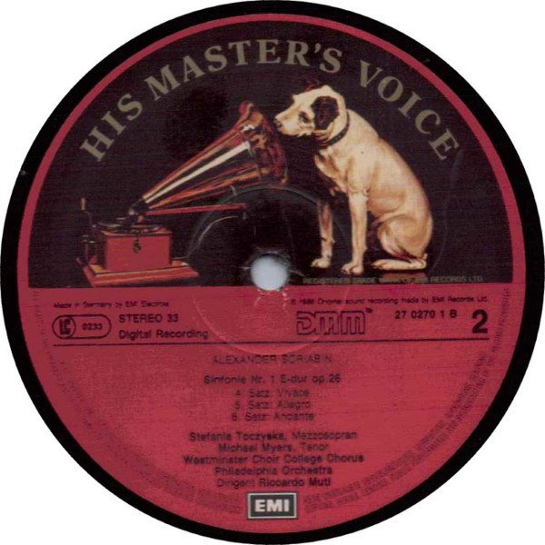 Cover zu Alexander Scriabin - Stefania Toczyska, Michael Myers (3), Westminster Symphonic Choir, The Philadelphia Orchestra, Riccardo Muti - Symphony No. 1 | 1986 | Vinyl | Classical | Europe
