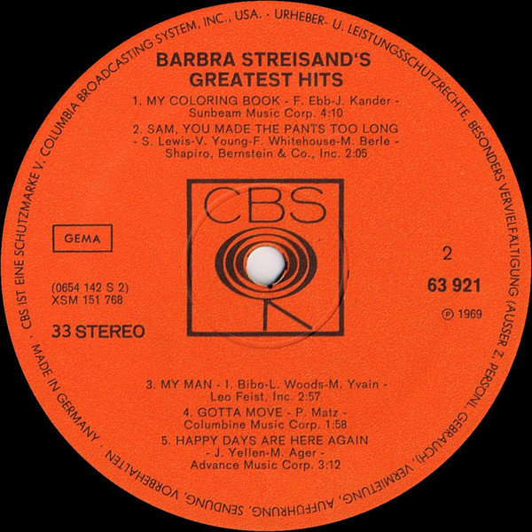 Cover zu Barbra Streisand - Barbra Streisand's Greatest Hits | 1970 | Vinyl | Pop | Germany
