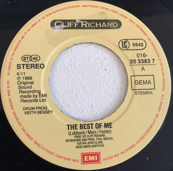Cover zu Cliff Richard - The Best Of Me | 1989 | Vinyl | Rock, Pop | Europe Schallplatten Ankauf