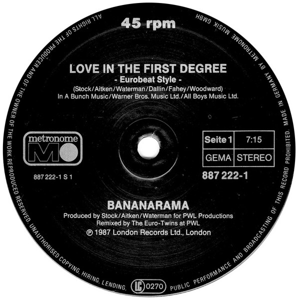 Cover zu Bananarama - Love In The First Degree | 1987 | Vinyl | Electronic | Germany Schallplatten Ankauf