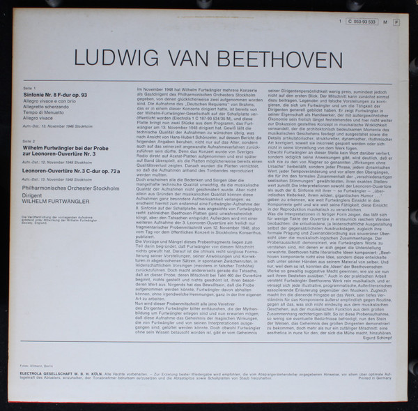 Cover zu Wilhelm Furtwängler - Ludwig van Beethoven - Stockholms Konsertförenings Orkester - Sinfonie Nr. 8 F-Dur Op.93 - Leonoren Ouvertüre Nr.3 C-Dur Op.72A - Probe Und Aufführung ( Rehearsal ) Schallplatten Ankauf