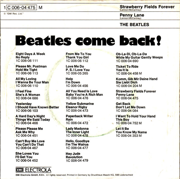 Cover zu The Beatles - Strawberry Fields Forever / Penny Lane | 1976 | Vinyl | Rock, Pop | Germany Schallplatten Ankauf