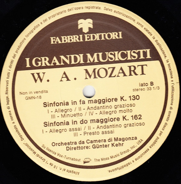Cover zu Wolfgang Amadeus Mozart, Mainzer Kammerorchester, Günter Kehr - Sinfonie K.16, K.17, K.130, K.162 | 1981 | Vinyl | Classical | Italy
