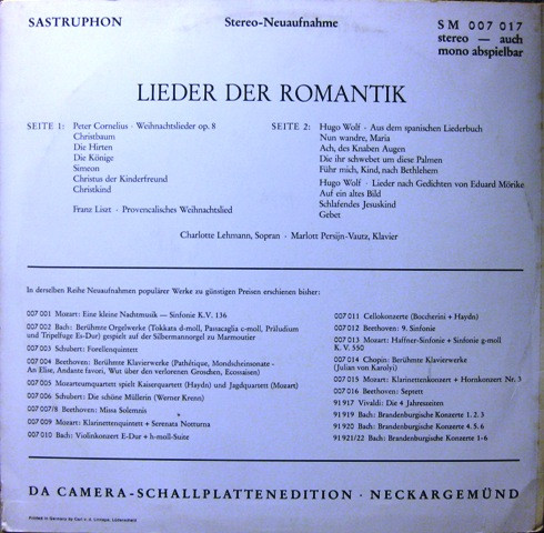 Cover zu Charlotte Lehmann, Marlott Persijn-Vautz - Lieder Der Romantik (Cornelius / Liszt / Hugo Wolf) | Vinyl | Classical | Germany Schallplatten Ankauf