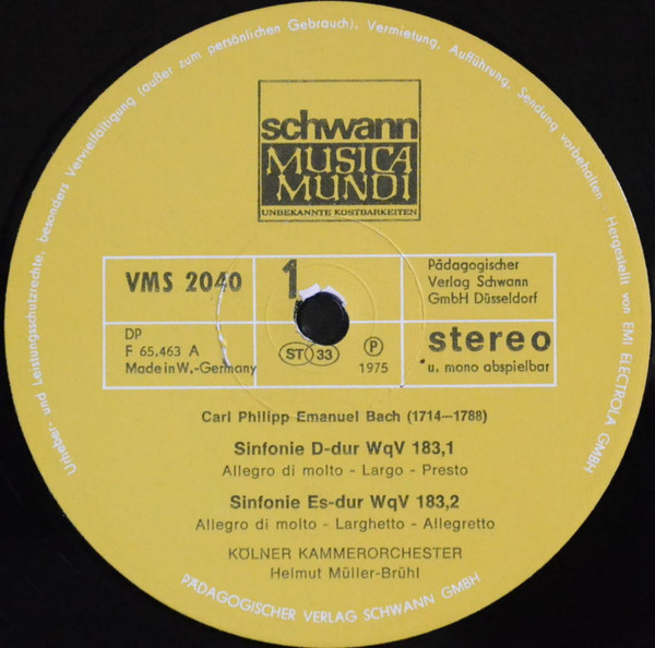 Cover zu Carl Philipp Emanuel Bach / Helmut Müller-Brühl, Kölner Kammerorchester - Sinfonier D-Dur WqV 183,1 Sinfonie Es-Dur WqV 183,2 Sinfonie F-Dur WqV 183,3 Sinfonie G-Dur WqV 183,4 | 1975 Schallplatten Ankauf