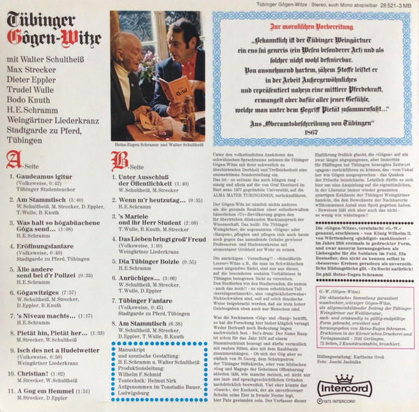 Cover zu Walter Schultheiß, Max Strecker, Dieter Eppler, Trudel Wulle, Bodo Knuth, Heinz-Eugen Schramm, Weingärtner Liederkranz, Stadtgarde zu Pferd, Tübingen - Tübinger Gôgen-Witze | 1973 Schallplatten Ankauf