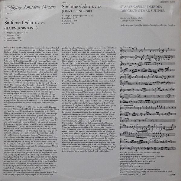 Cover zu Wolfgang Amadeus Mozart, Staatskapelle Dresden, Otmar Suitner - Sinfonie D-dur KV 385 (Haffner-Sinfonie) / Sinfonie C-dur KV 425 (Linzer Sinfonie) | 1974 | Vinyl | Classical Schallplatten Ankauf