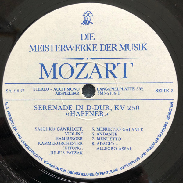 Cover zu Wolfgang Amadeus Mozart, Saschko Gawriloff, Hamburger Kammerorchester Leitung: Julius Patzak - Serenade In D-Dur »Haffner« | Vinyl | Classical | Germany