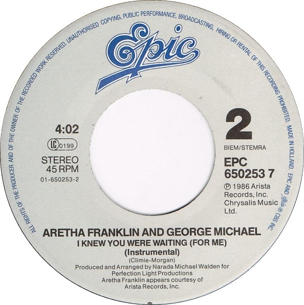 Cover zu Aretha Franklin & George Michael - I Knew You Were Waiting (For Me) | 1987 | Vinyl | Electronic, Funk / Soul | Europe