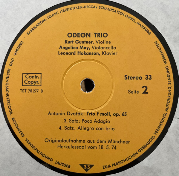 Cover zu Antonín Dvořák - Odeon Trio - Kurt Guntner - Angelica May - Leonard Hokanson - Klaviertrio F-Moll OP. 65 | 1974 | Vinyl | Classical | Germany Schallplatten Ankauf