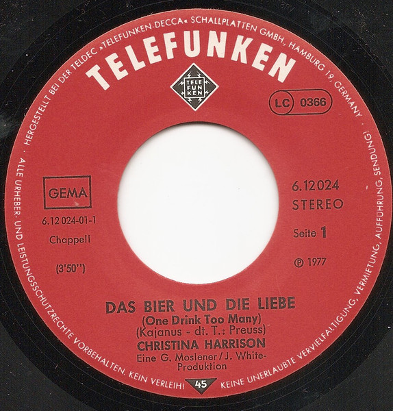 Cover zu Christina Harrison - Das Bier Und Die Liebe | 1977 | Vinyl | Pop | Germany Schallplatten Ankauf