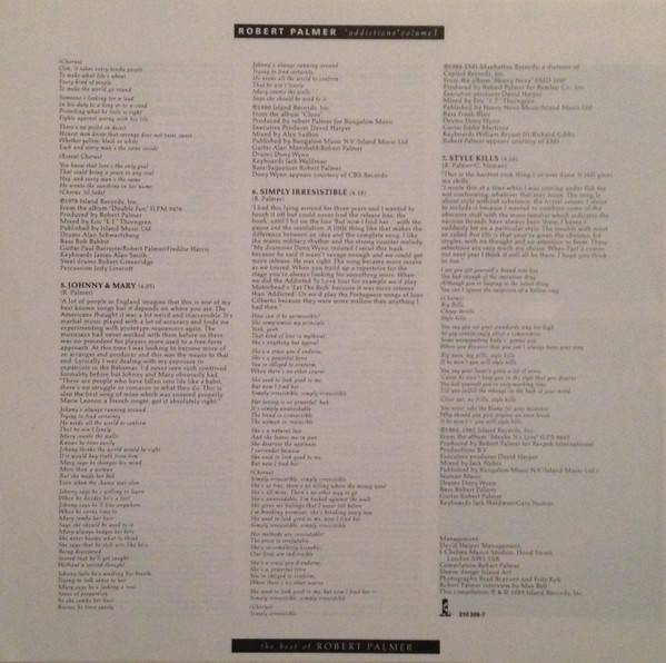 Cover zu Robert Palmer - Addictions Volume I | 1989 | LP, Comp | Electronic, Rock | Germany