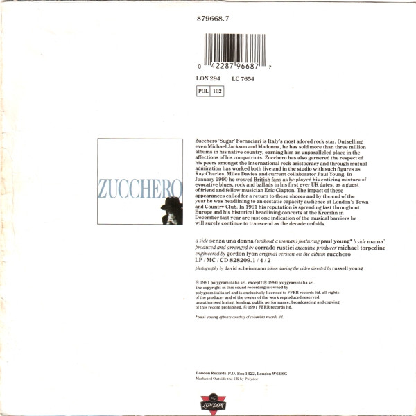Cover zu Zucchero Featuring Paul Young - Senza Una Donna (Without A Woman) | 1991 | Vinyl | Rock, Pop | Europe