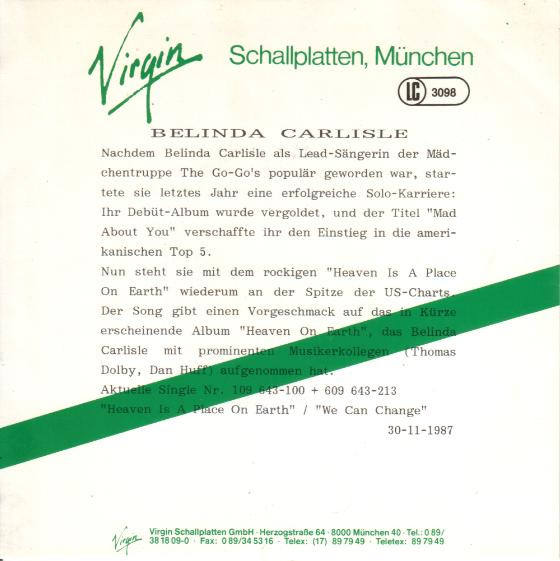 Cover zu Belinda Carlisle - Heaven Is A Place On Earth | 1987 | Vinyl, Stereo, 45 RPM, 7