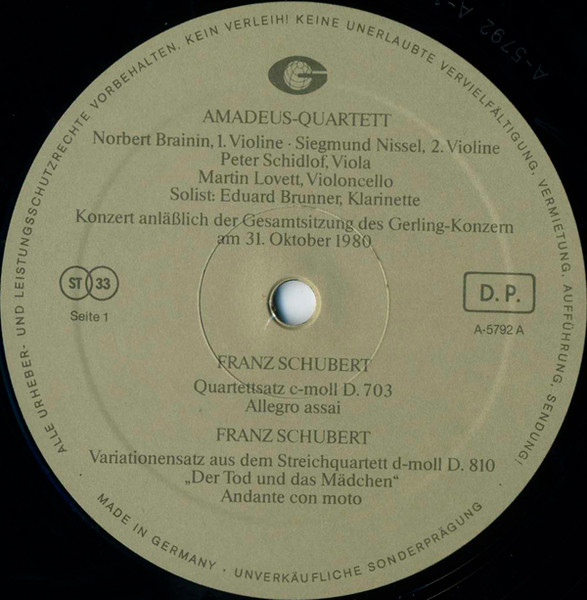 Cover zu Amadeus-Quartett / Wolfgang Amadeus Mozart, Franz Schubert - Wolfgang Amadeus Mozart: Quintett Für Klarinette Und Streicher A-Dur KV 581 / Franz Schubert: Quartettsatz C-Moll D. 703 / Variat Schallplatten Ankauf