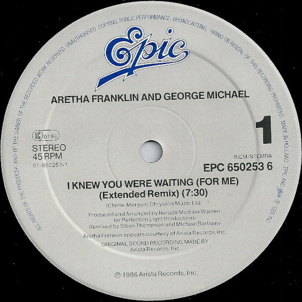 Cover zu Aretha Franklin & George Michael - I Knew You Were Waiting (For Me) | 1987 | Vinyl | Electronic, Funk / Soul | Europe