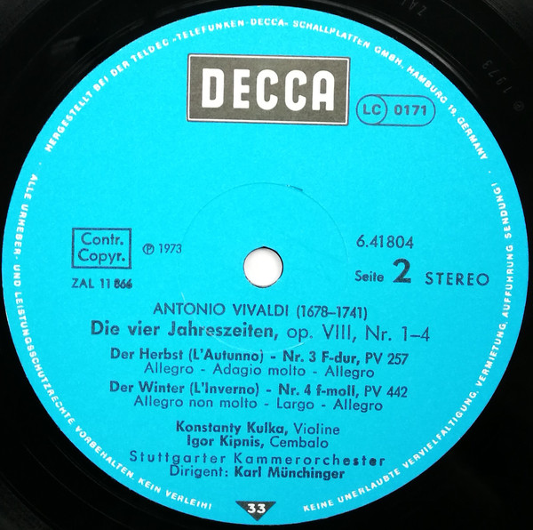 Cover zu Antonio Vivaldi - Stuttgarter Kammerorchester, Karl Münchinger - Die Vier Jahreszeiten | Vinyl | Classical | Germany Schallplatten Ankauf