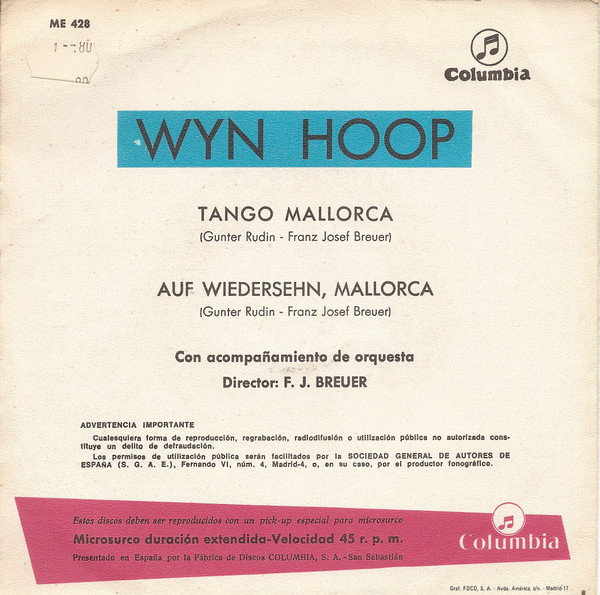 Cover zu Wyn Hoop - Auf Wiedersehn, Mallorca / Tango Mallorca | 1967 | Vinyl | Pop | Spain Schallplatten Ankauf