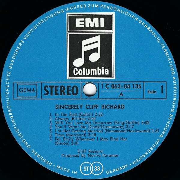 Cover zu Cliff Richard - Sincerely Cliff Richard | 1969 | Vinyl | Pop | Germany