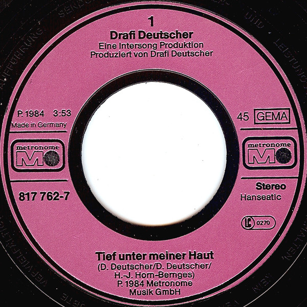Cover zu Drafi Deutscher - Tief Unter Meiner Haut | 1984 | Vinyl | Electronic, Pop | Germany