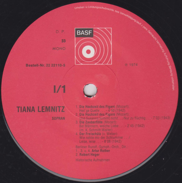 Cover zu Tiana Lemnitz - Historische Aufnahmen Aus Den Jahren 1942 - 1946 | 1974 | Vinyl | Classical | Germany