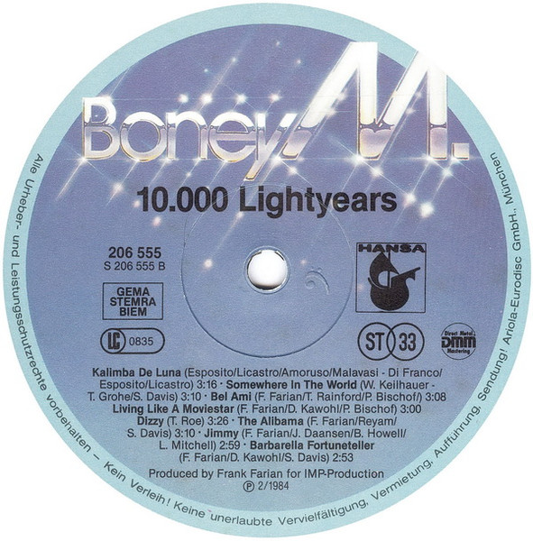 Cover zu Boney M. - Ten Thousand Lightyears | 1984 | LP, Album, RP, Blu | Electronic, Pop | Europe