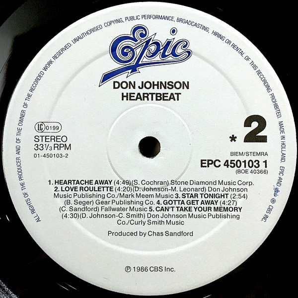 Cover zu Don Johnson - Heartbeat | 1986 | Vinyl | Electronic, Rock | Netherlands