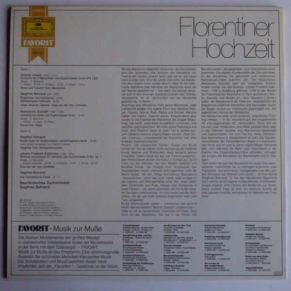 Cover zu Antonio Vivaldi, Alessandro Scarlatti, Siegfried Behrend - Florentiner Hochzeit, Virtuose Mandolinen Spielen Zum Tanz | 1980 | Vinyl | Classical | Germany Schallplatten Ankauf