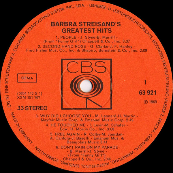 Cover zu Barbra Streisand - Barbra Streisand's Greatest Hits | 1970 | Vinyl | Pop | Germany