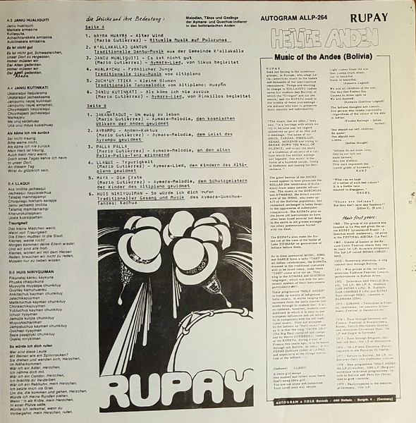 Cover zu Rupay - Heilige Anden | 1984 | LP, Album | Folk, World, & Country | Germany