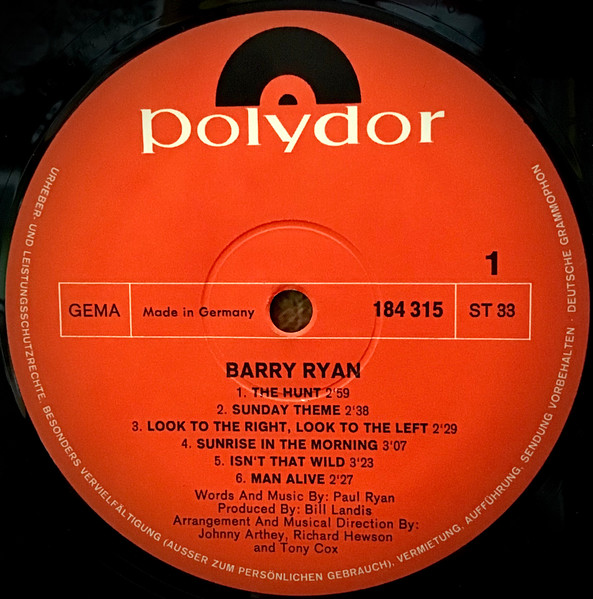 Cover zu Barry Ryan - Barry Ryan | 1969 | Vinyl | Rock, Pop | Germany