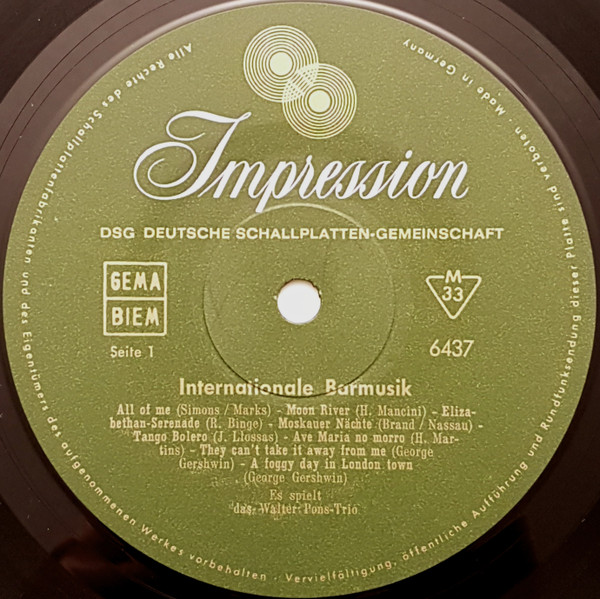 Cover zu Walter-Pons-Trio - Internationale Barmusik Aus Der Lippizaner-Bar (Hotel Frankfurter Hof) | Vinyl | Jazz, Pop, Stage & Screen | Germany Schallplatten Ankauf