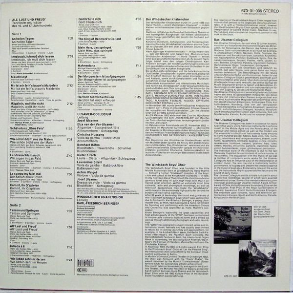 Cover zu Windsbacher Knabenchor, Ulsamer Collegium - All' Lust Und Freud' Tanzlieder Und -Sätze Des 16. Und 17. Jahrhunderts | 1983 | Vinyl | Classical | Germany Schallplatten Ankauf
