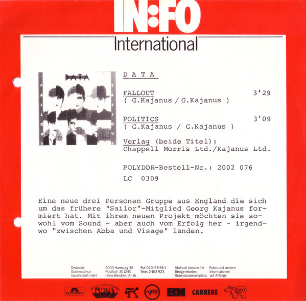 Cover zu Data (2) - Fallout | 1981 | Vinyl, Stereo, 45 RPM, 7