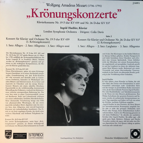 Cover zu Wolfgang Amadeus Mozart, Ingrid Haebler, London Symphony Orchestra Conducted By Sir Colin Davis - Krönungskonzerte | Vinyl | Classical | Germany Schallplatten Ankauf