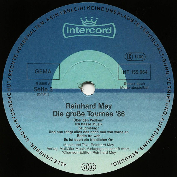 Cover zu Reinhard Mey - Die Große Tournee '86 | 1987 | Vinyl, LP, Album | Rock | Germany