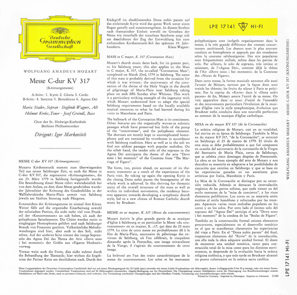 Cover zu Wolfgang Amadeus Mozart, Maria Stader ∙ Sieglinde Wagner ∙ Helmut Krebs ∙ Josef Greindl ∙ Chor Der St. Hedwigs-Kathedrale Berlin ∙ Berliner Philharmoniker ∙ Igor Markevitch - Messe C-dur KV Schallplatten Ankauf