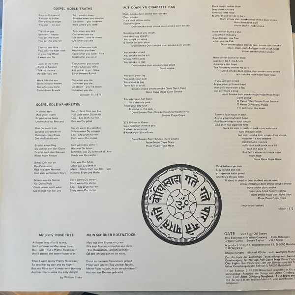 Cover zu Allen Ginsberg - Gate, Two Evenings With Allen Ginsberg Vol.1 Songs | 1980 | Vinyl | Blues, Non-Music, Folk, World, & Country | Germany
