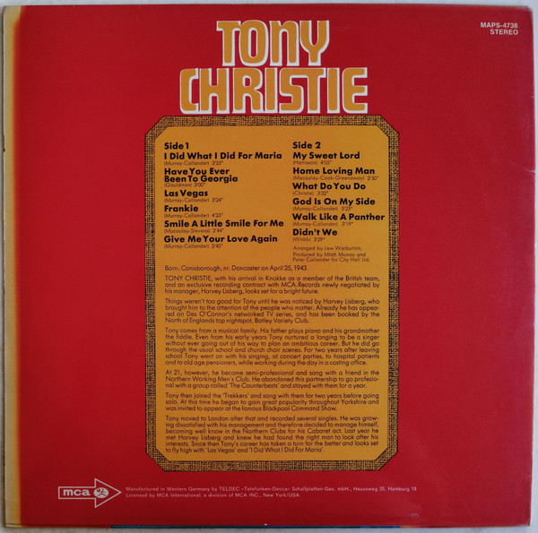 Cover zu Tony Christie - Las Vegas | 1971 | Vinyl | Pop | Germany