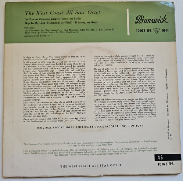 Cover zu The West Coast All Star Octet - The West Coast All Star Octet | 1956 | Vinyl | Jazz | Germany